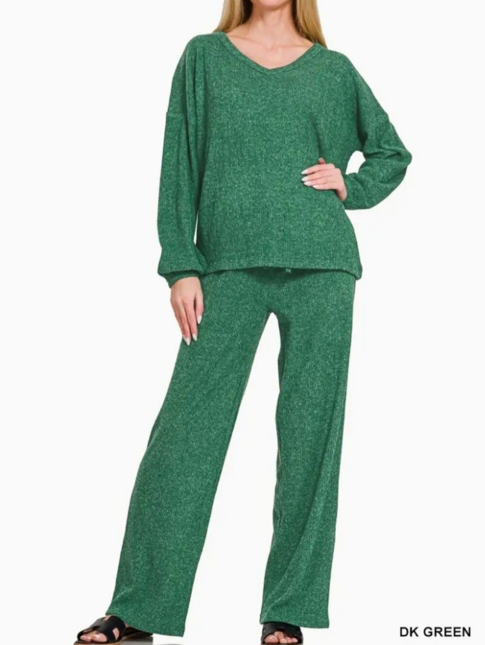Relaxed V-Neck Knit Top & Wide-Leg Pants Set - DK Green